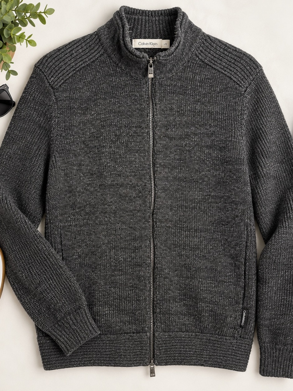 Calvin Klein Men's Charcoal Full-Zip Knit Sweater